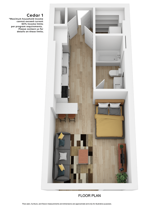 a stylized floor plan of a 1 bedroom apartment with a desk and a chair